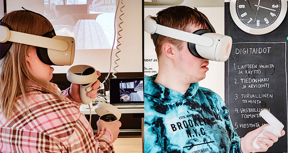Kaksi kuvaa kokeilijoista VR-lasit päässä istumassa ohjauskapula kädessä.